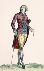 Um galante homem vestindo roupa de veludo esmagado com botões cobertos, gravada por Baquoi, placa no.279 de &39;Galeries des Modes et trajes Francais&39;, c.1778-87